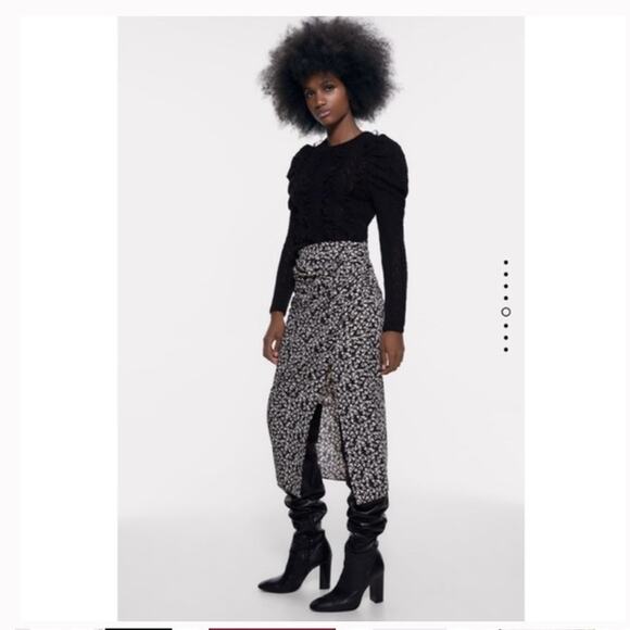 Zara Draped Black Moody Micro Floral Print Ruched Side Slit Midi Skirt XS - Picture 2 of 13
